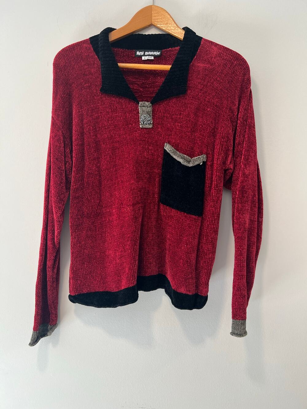 Ani Barrie Vintage 90s Knit Sweater Red Black Pocket Chunky Pullover Retro Sm JL